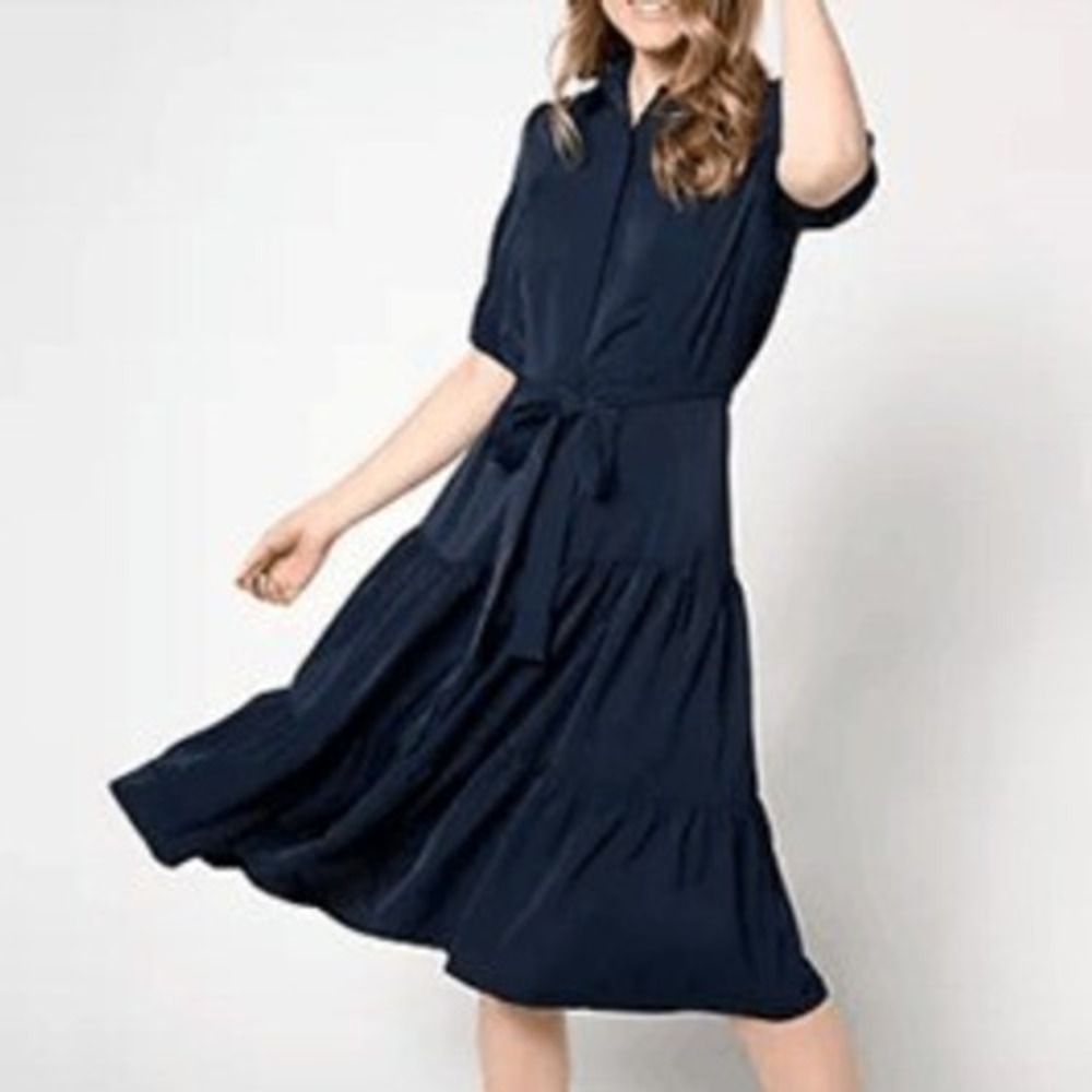 Nicole by Nicole Miller Women XS Tiered Midi Dress Navy Blue Button Front - Picture 2 of 4